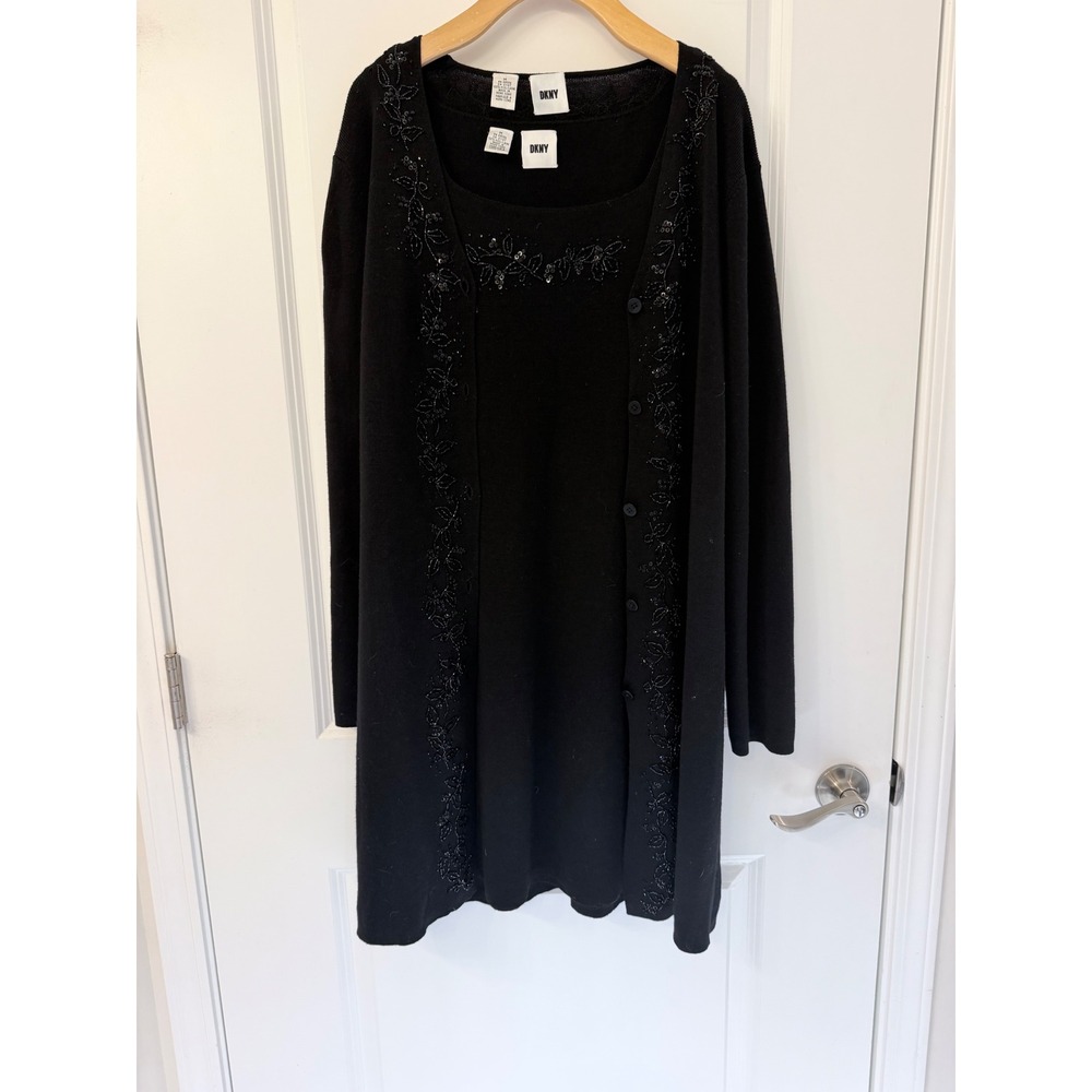 DKNY Vintage 100% Wool Beaded Dress and Cardigan Set Black Size M 2 Piece